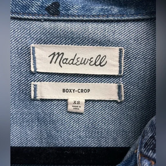 MADEWELL Women’s Rare Heart Print Boxy Cut Medium Wash Jean Jacket - Size XS